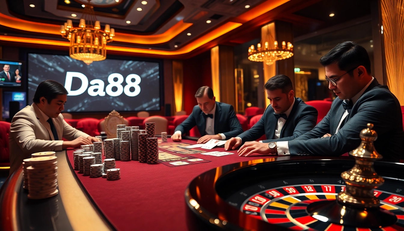 Players experiencing high-stakes poker at Da88 casino, with vibrant colors and luxurious atmosphere.