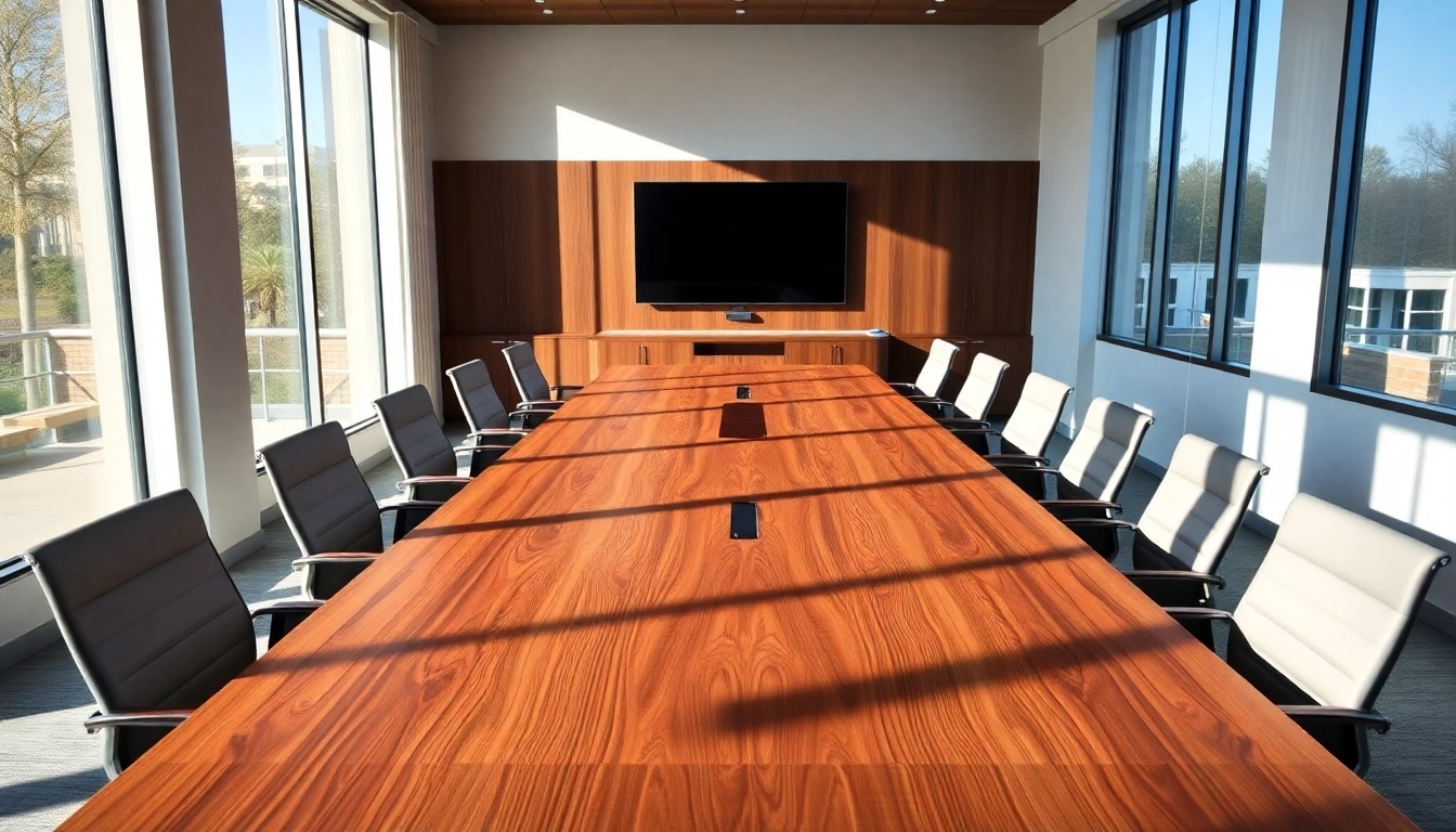 Custom conference table made from solid walnut in a professional meeting room setting.
