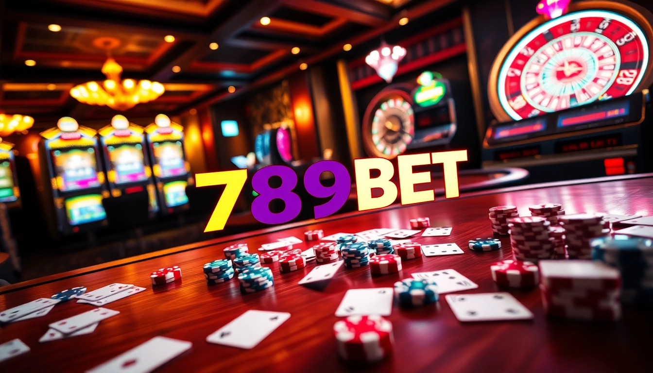 Experience the thrill of winning at 789BET with poker chips and cards spread on the casino table.