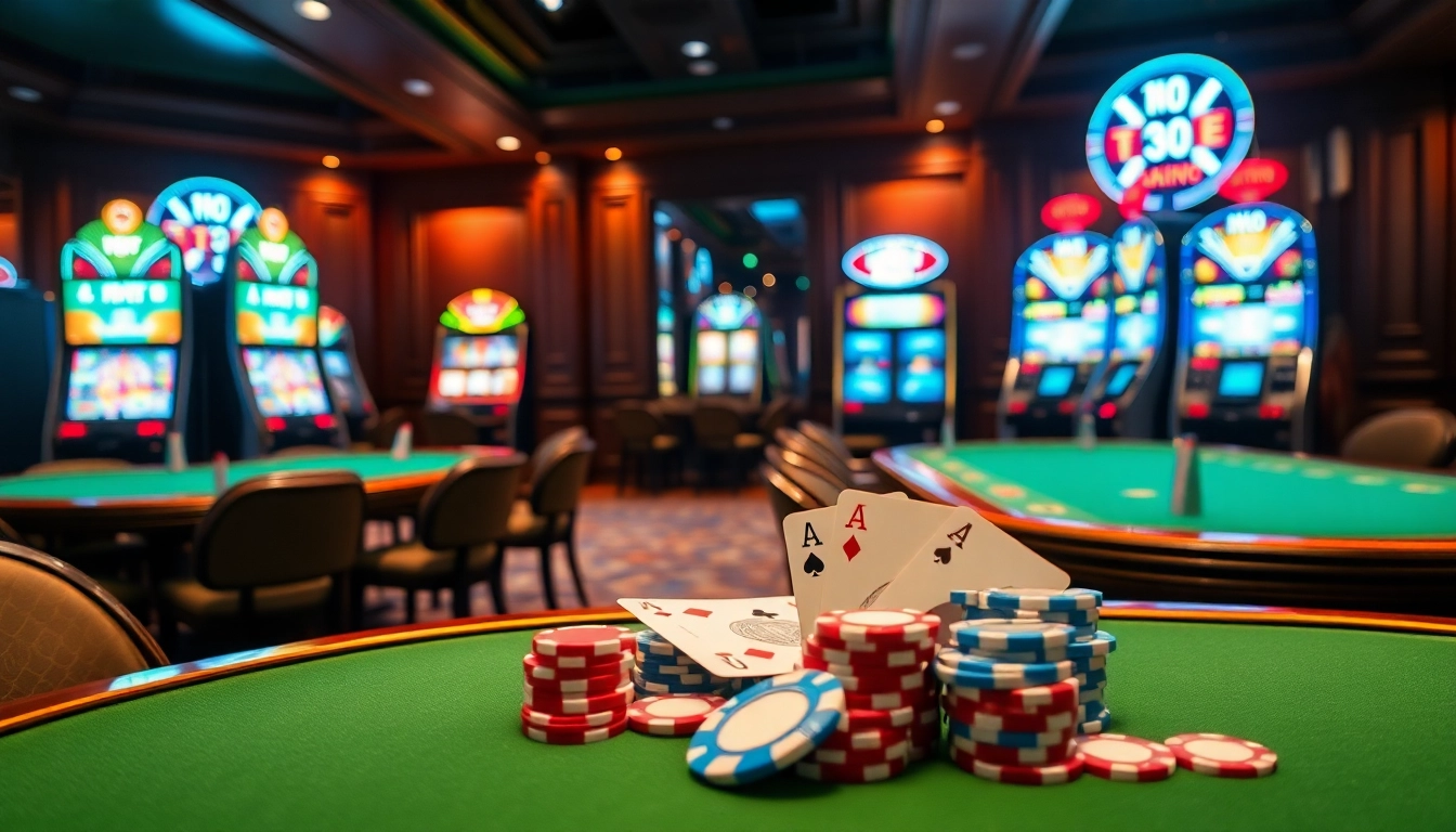 Experience the excitement of online gambling at https://ta88.it.com/ with poker chips, cards, and vibrant slot machines.