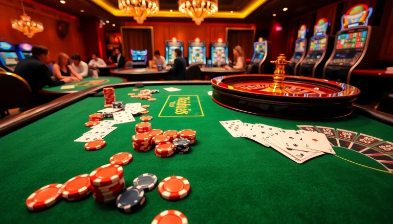iq88 players betting strategically at an elegant casino table with vibrant chips and cards.