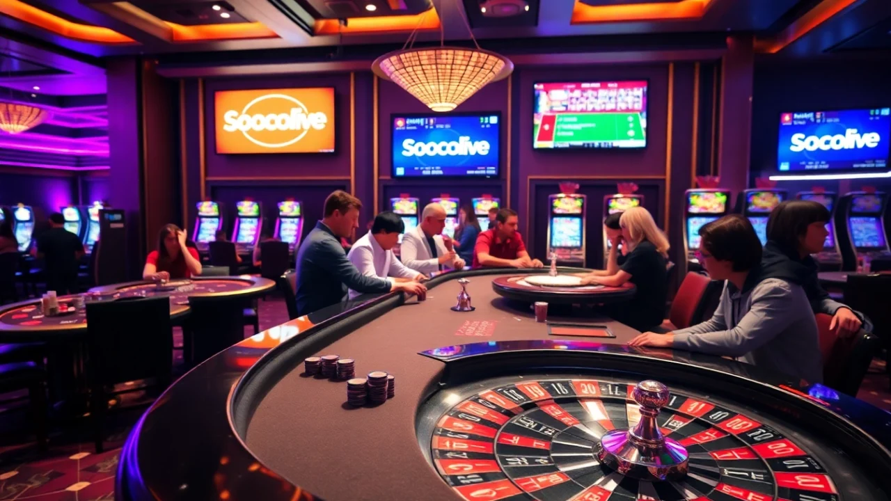 Socolive enhances the excitement of a high-stakes poker game with vibrant chips and lights.