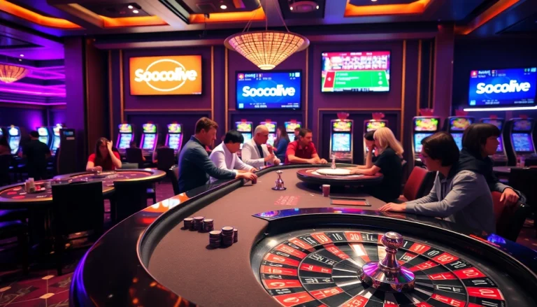 Socolive enhances the excitement of a high-stakes poker game with vibrant chips and lights.