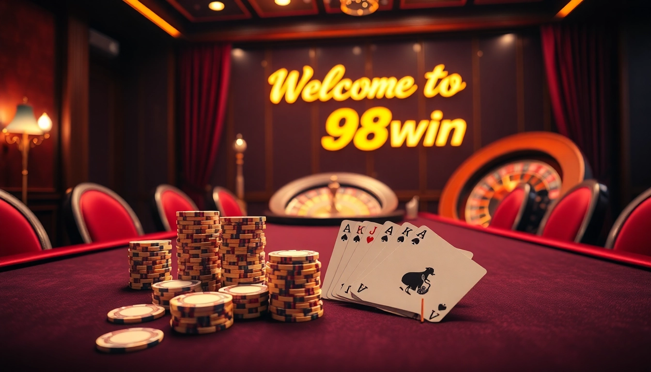 Join the excitement at 98win with thrilling poker action on a beautifully designed table in a luxurious casino.