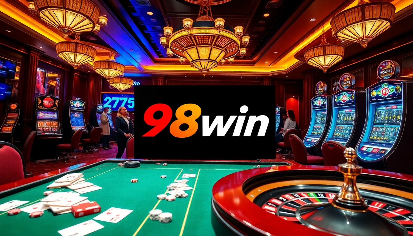 Engaging casino scene featuring 98win logo with vibrant gaming tables and excited players.