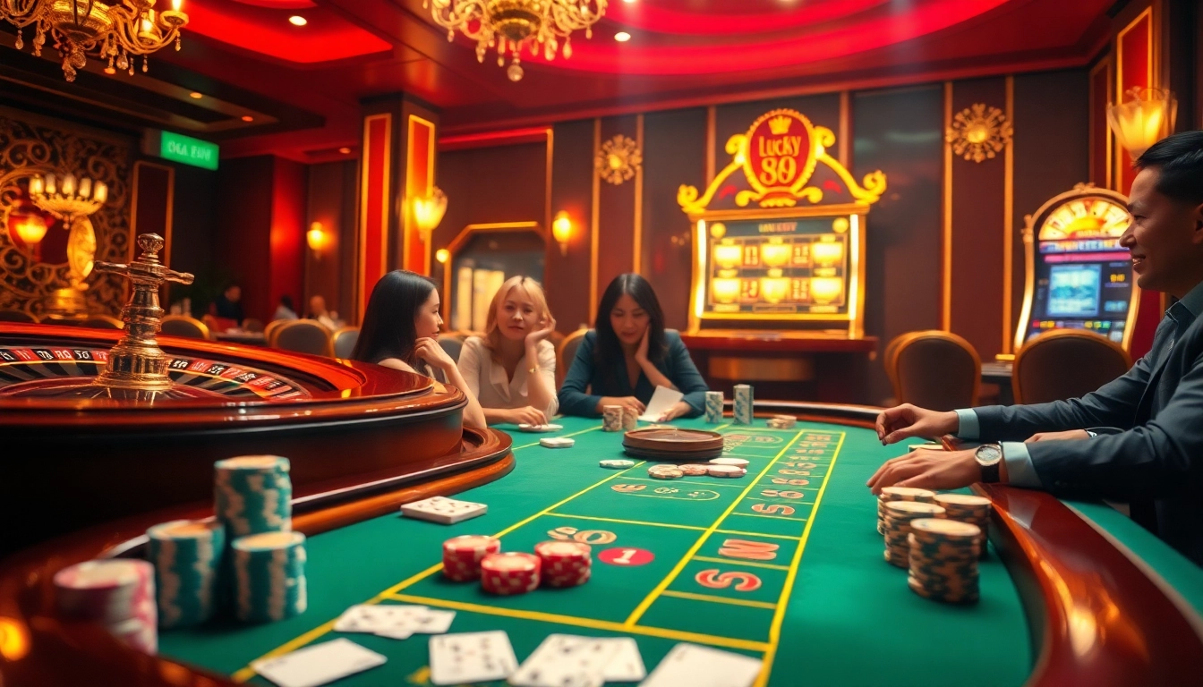 Players enjoying a high-stakes game at https://lucky88.at/ casino, featuring poker chips and a roulette wheel.