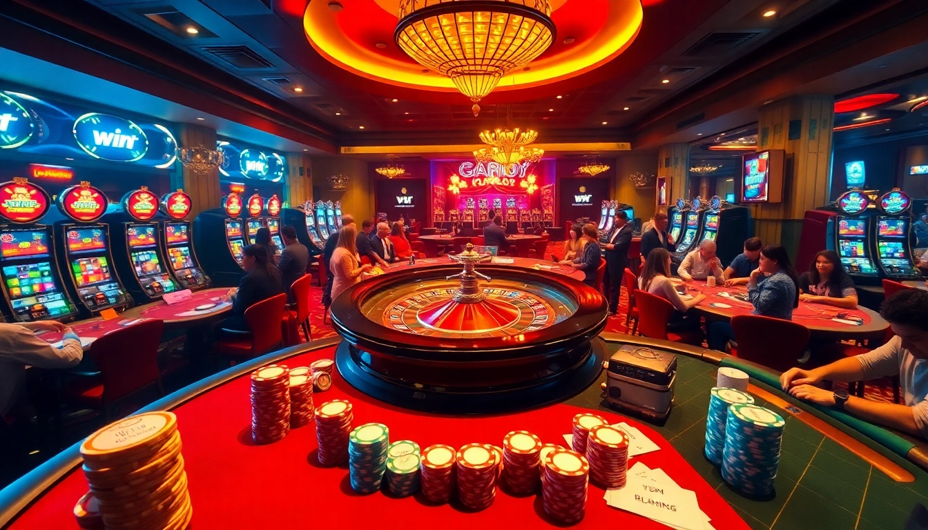 Experience the excitement of gambling at https://fc88e.com/ with a vibrant casino scene featuring roulette and poker tables.