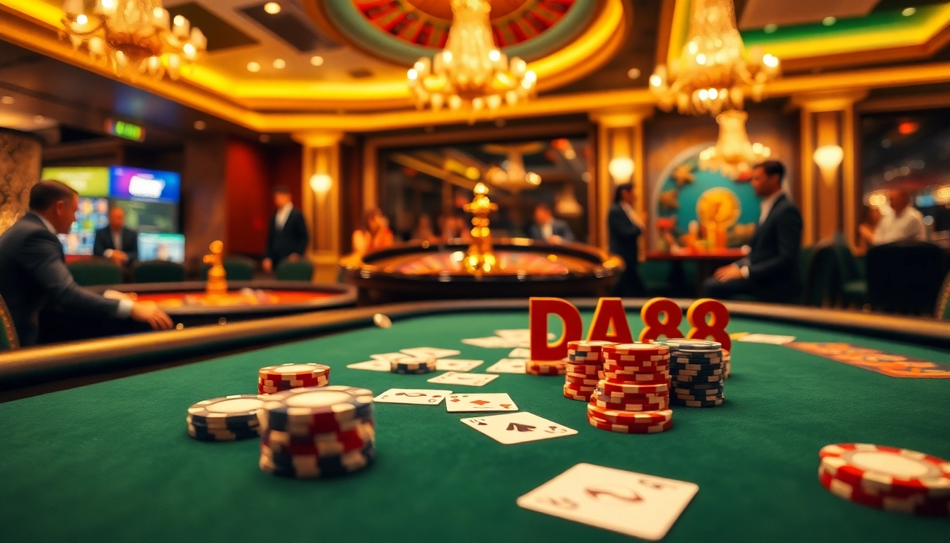 Engage with thrilling DA88 gaming on a vibrant casino table filled with poker chips and cards.