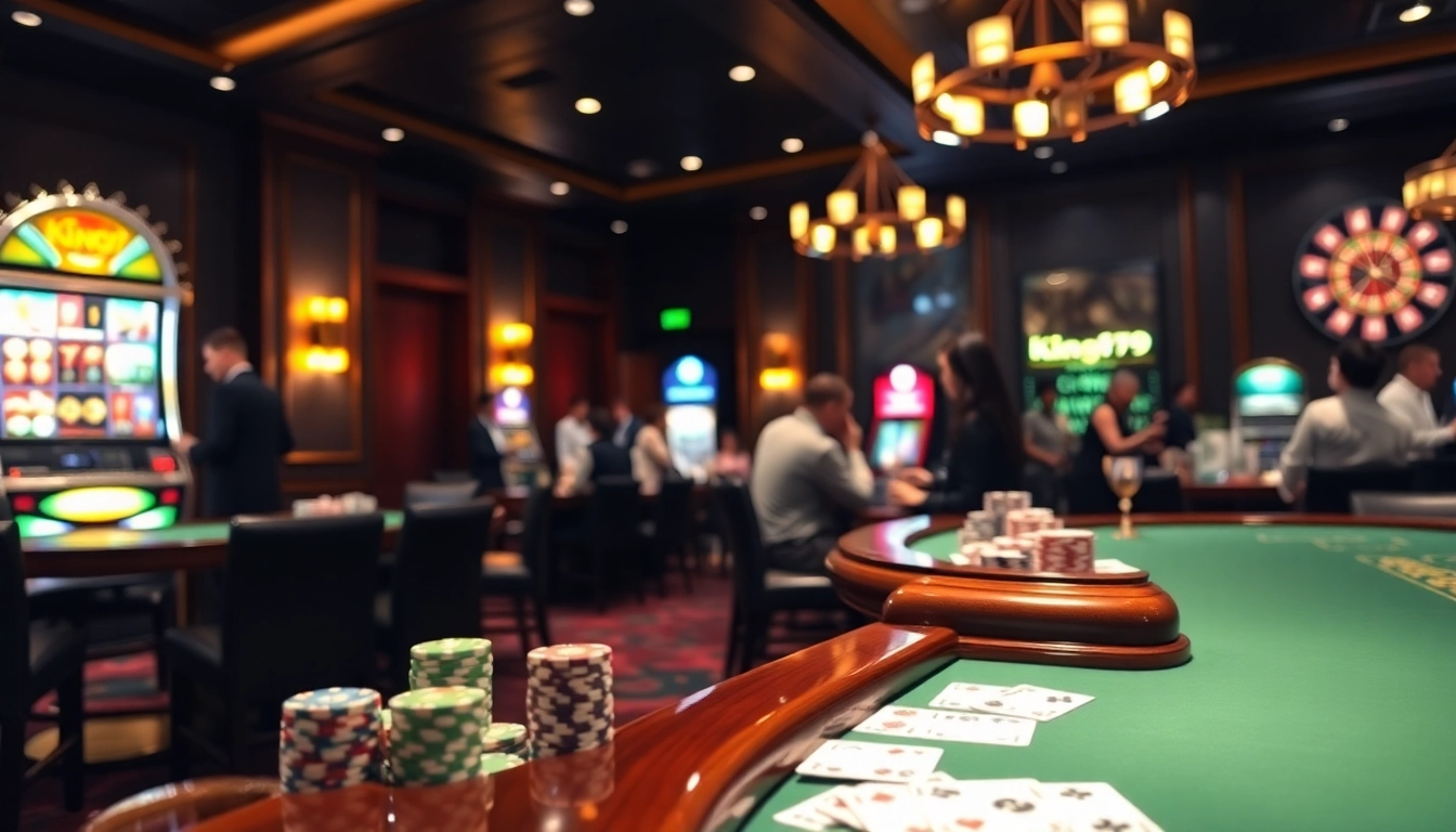 Experience the thrilling atmosphere of King79's vibrant casino with poker chips and roulette.