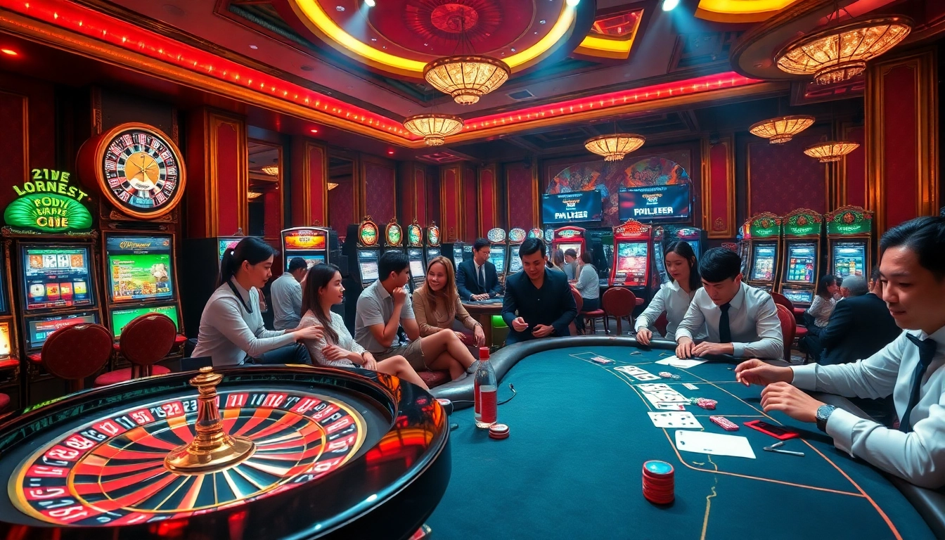 Experience the thrill of gambling at https://vb88.channel/ with a vibrant casino scene showcasing a roulette wheel and poker action.