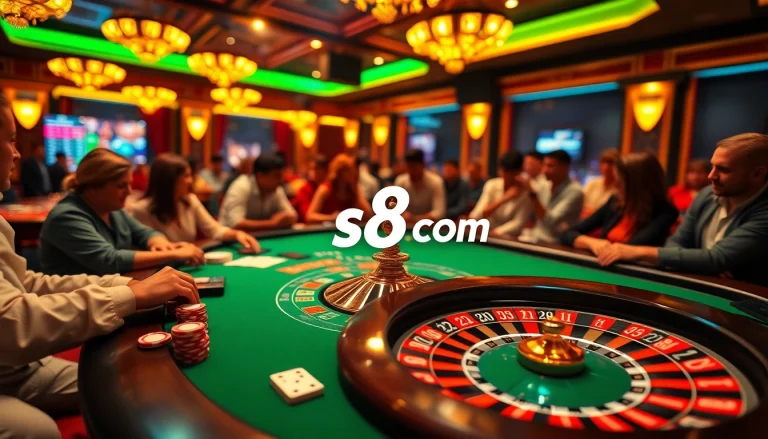 S8 com gaming experience with vibrant poker and roulette tables showcasing luxury and excitement.