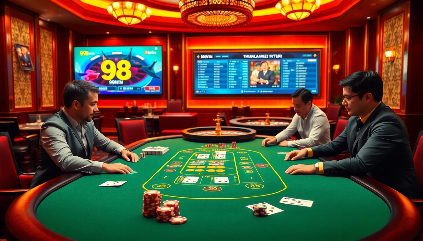 Players strategizing and placing bets at a luxurious blackjack table on 98win.