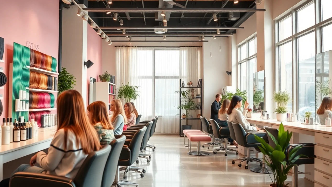 Top rated hair salons interior featuring modern styling stations and vibrant colors.