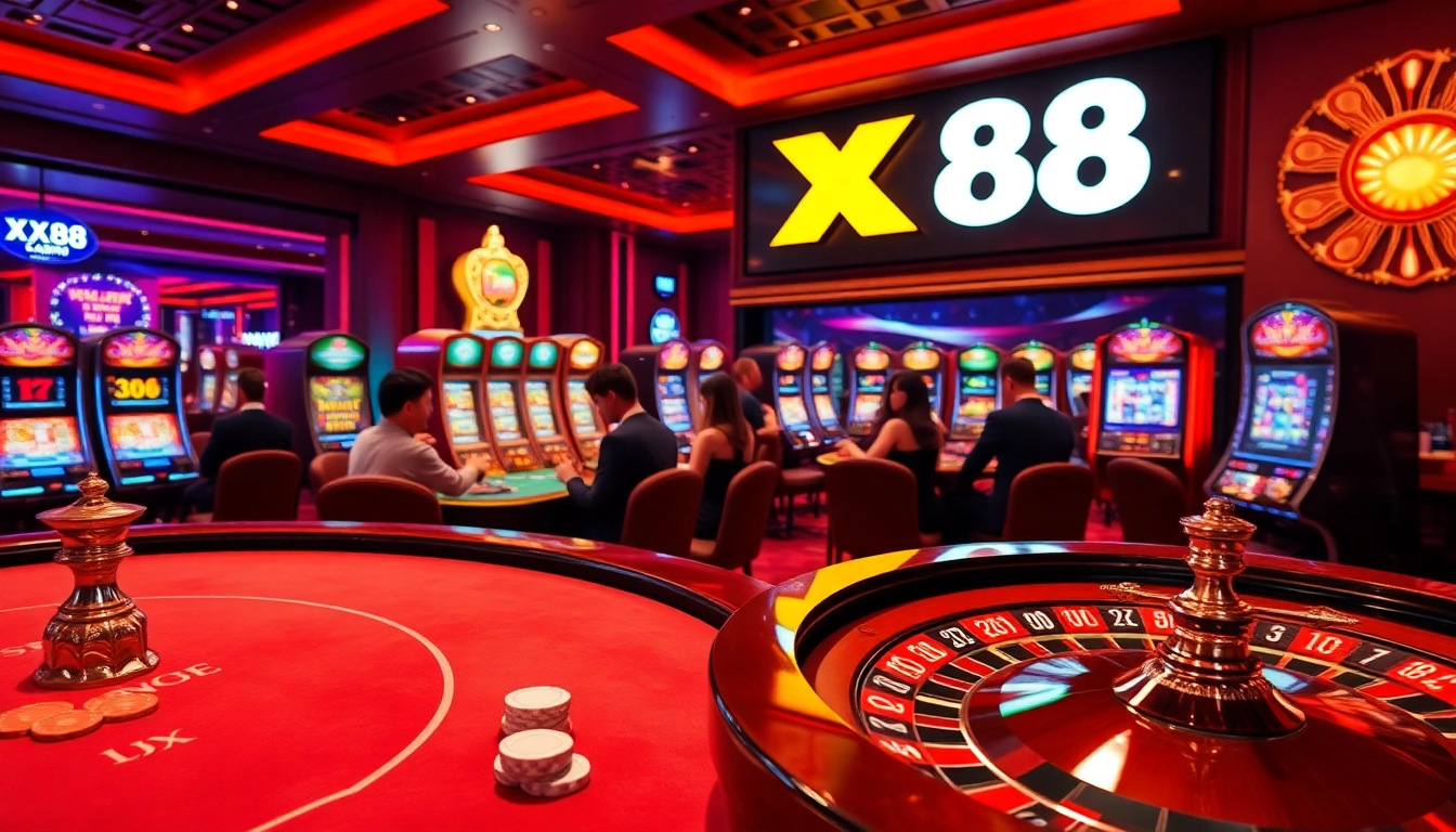 Engaging players enjoy vibrant games at XX88 online casino, showcasing poker and roulette excitement.