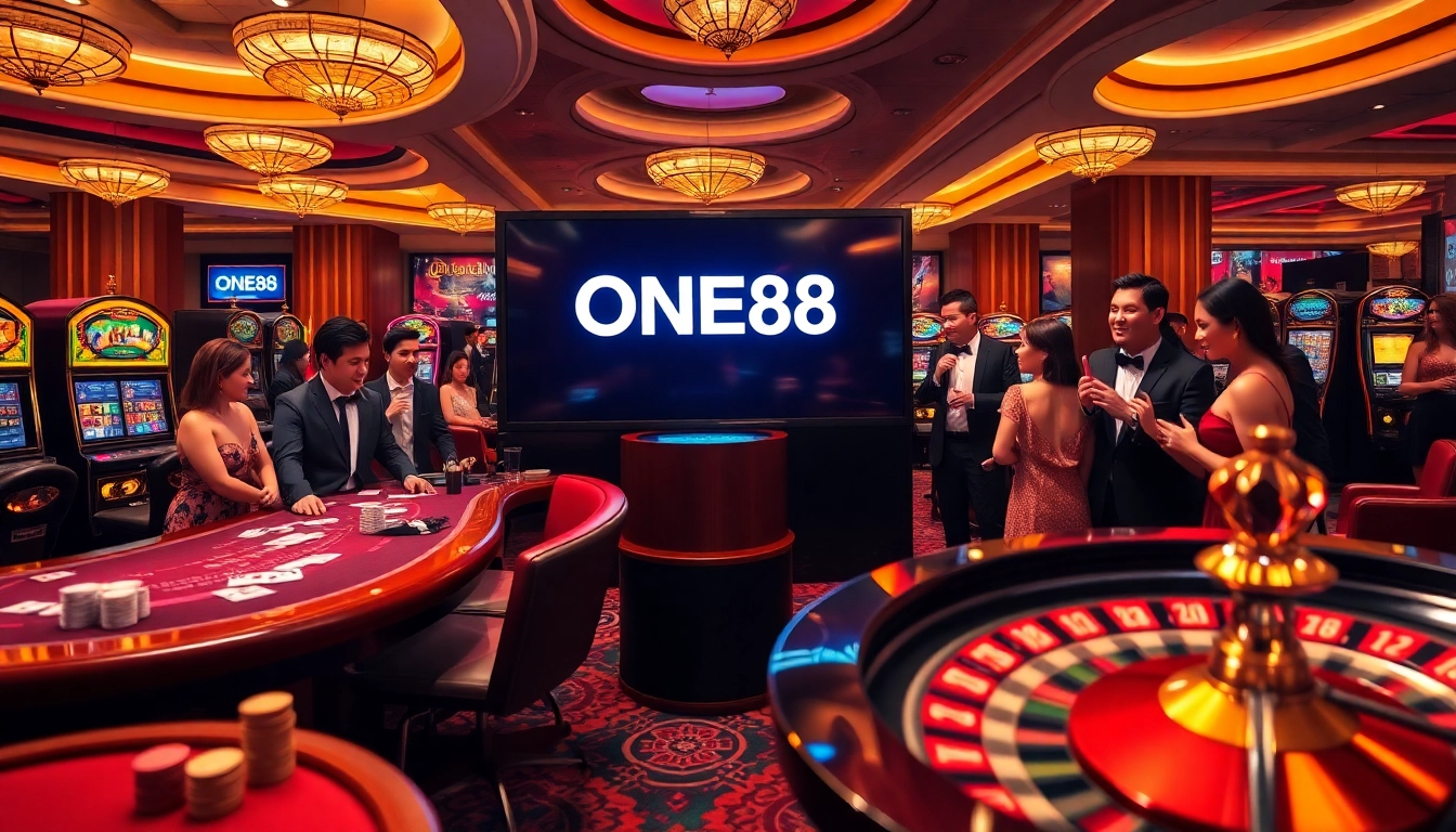 Experience the excitement of ONE88's vibrant casino atmosphere with tables, chips, and roulette.