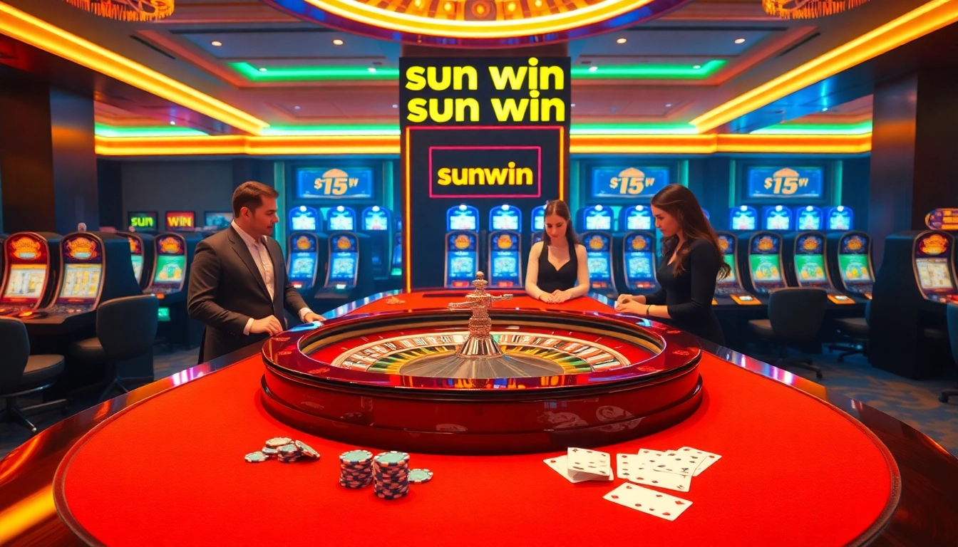 Players enjoying a thrilling game of roulette at the luxurious casino "sun win," surrounded by vibrant slot machines.