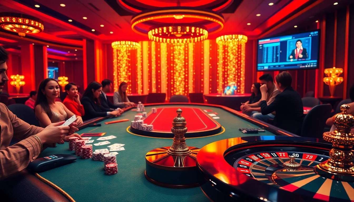 Exciting scene of game bài đổi thưởng with players at poker tables and roulette.