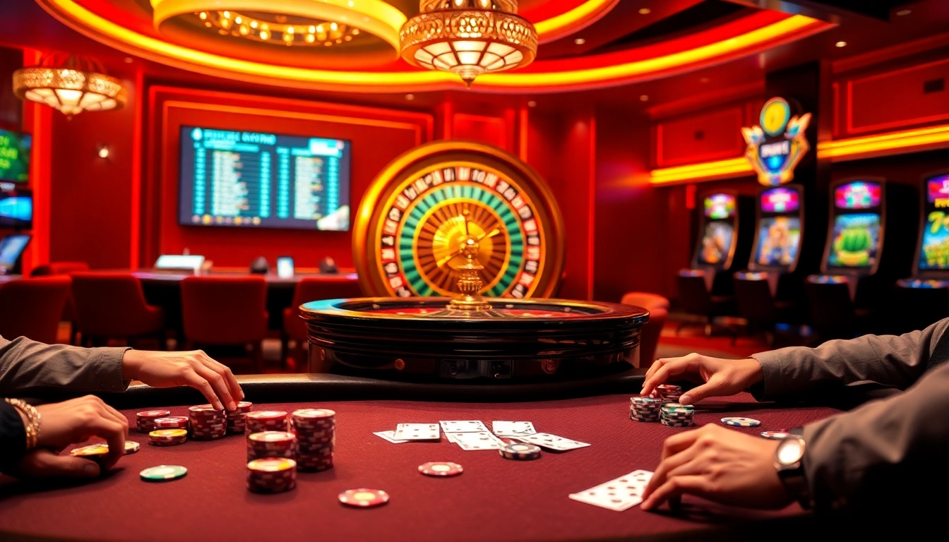 Players enjoying poker at Xin88, showcasing an exciting casino atmosphere with vibrant chips and cards.