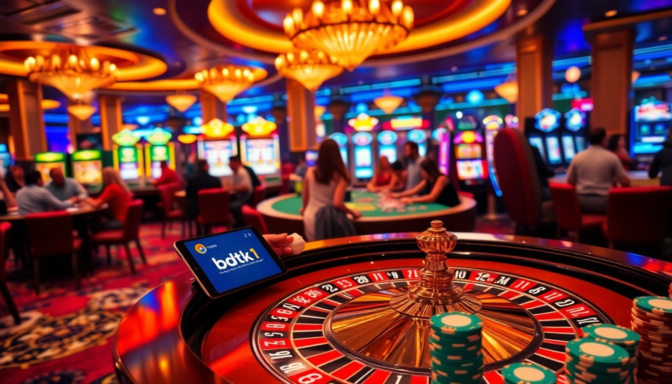 Players enjoying games at a casino with the bdtk1 app prominently featured on mobile devices.