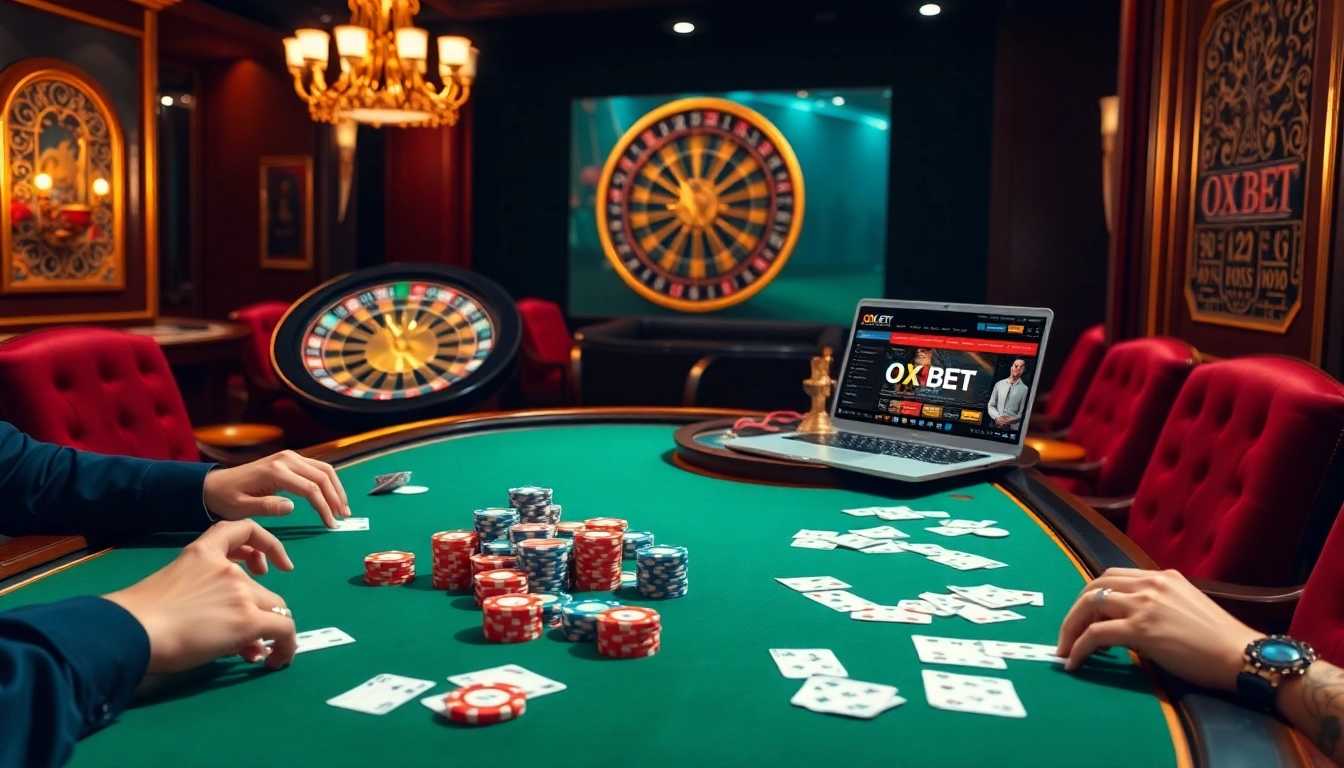 Exciting poker game scene featuring OXBET website, colorful chips, and roulette wheel.