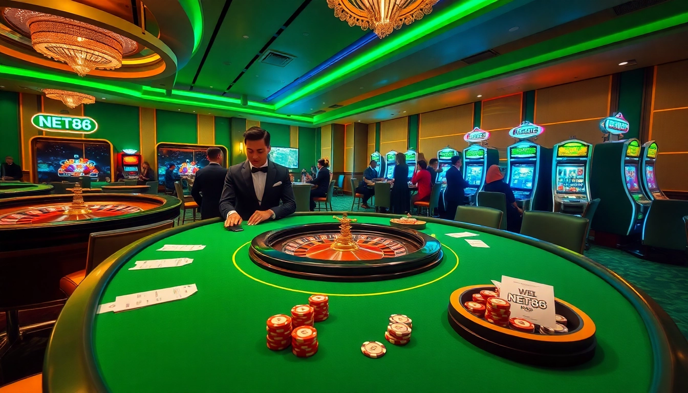 NET88 gaming table with vibrant poker chips and interactive slots in a luxurious casino environment.