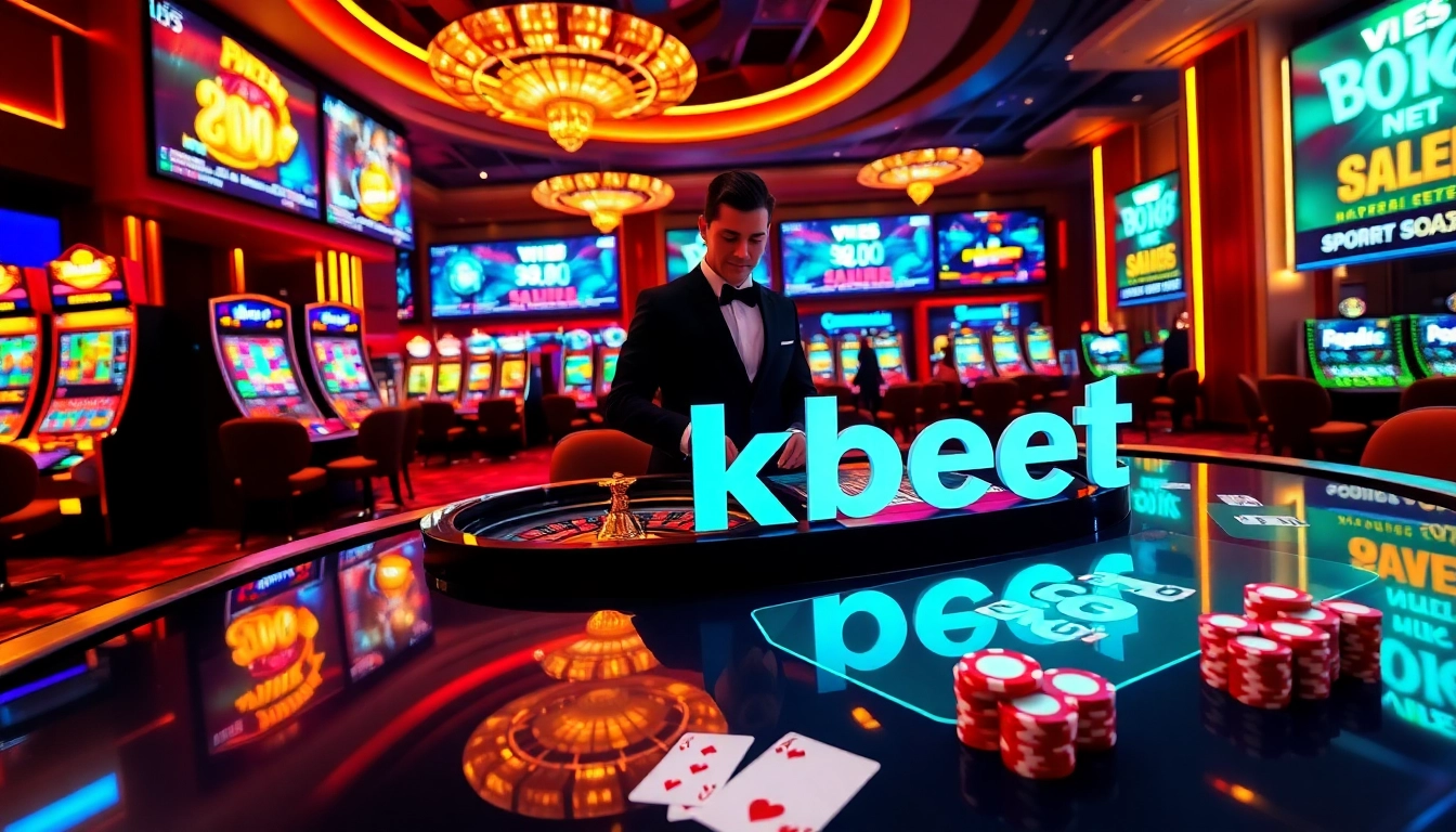 8kbet casino action with spinning roulette wheel, vibrant slots, and poker chips stacks