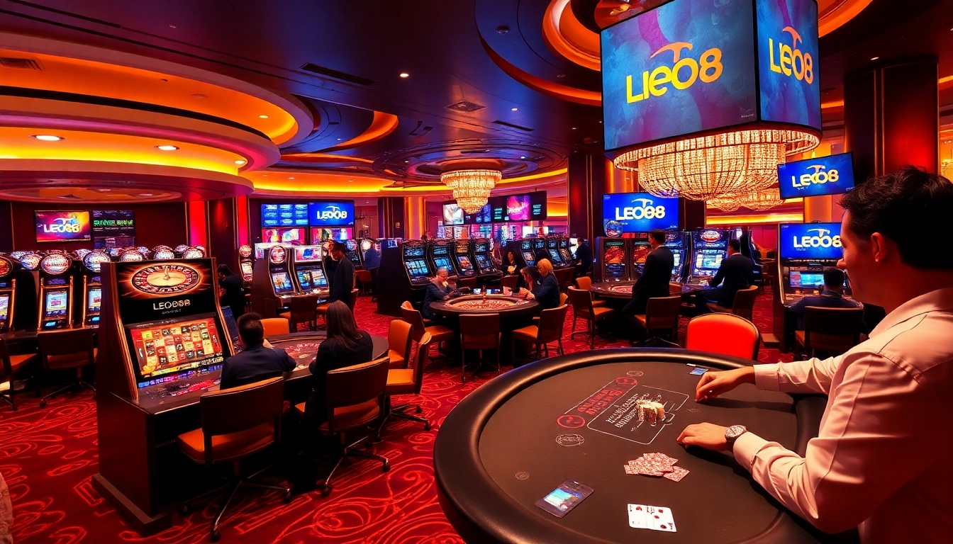 Play high-stakes poker at LEO88 casino amid vibrant gaming excitement.
