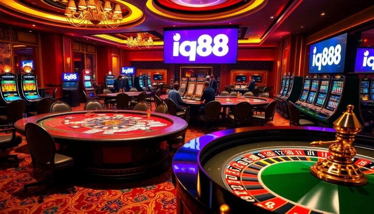 Exciting casino scene featuring iq88 logo, vibrant tables, and engaged gamblers.