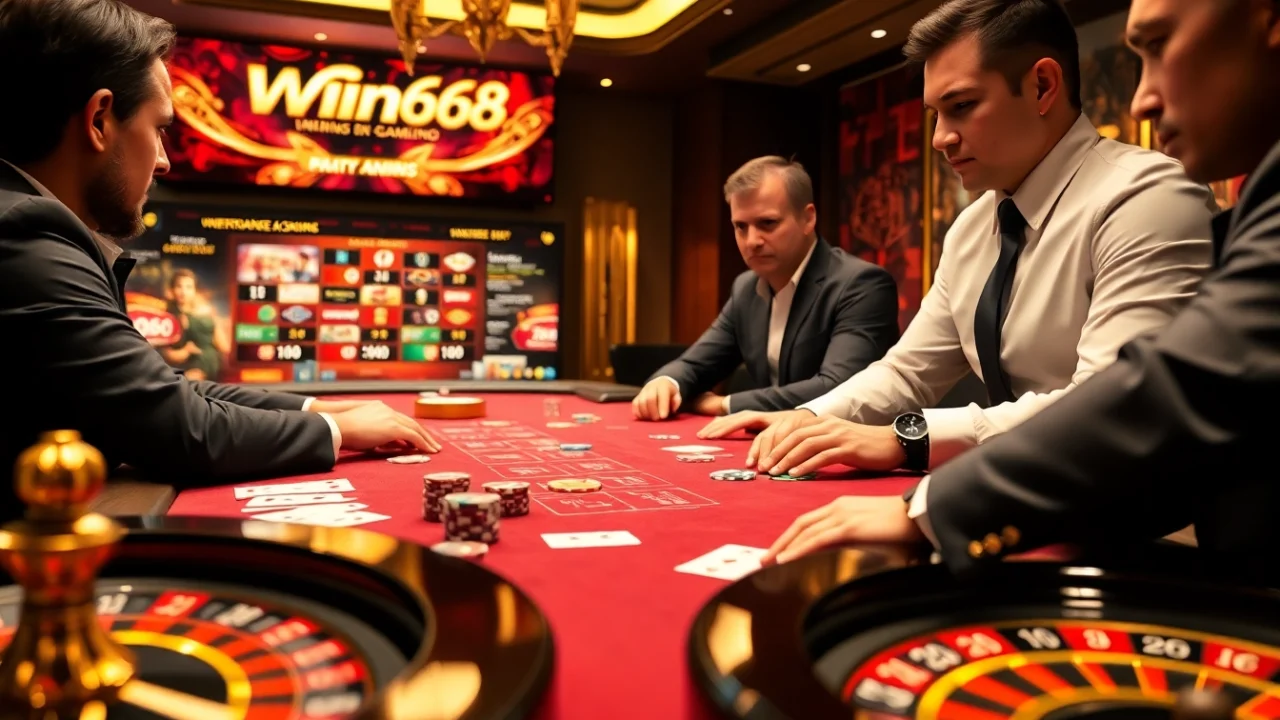 Win678 players enjoying high-stakes poker in an elegant casino environment.