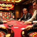 Win678 players enjoying high-stakes poker in an elegant casino environment.