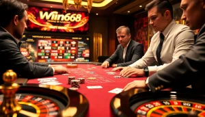 Win678 players enjoying high-stakes poker in an elegant casino environment.