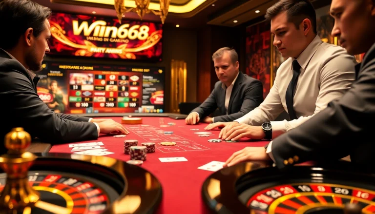 Win678 players enjoying high-stakes poker in an elegant casino environment.