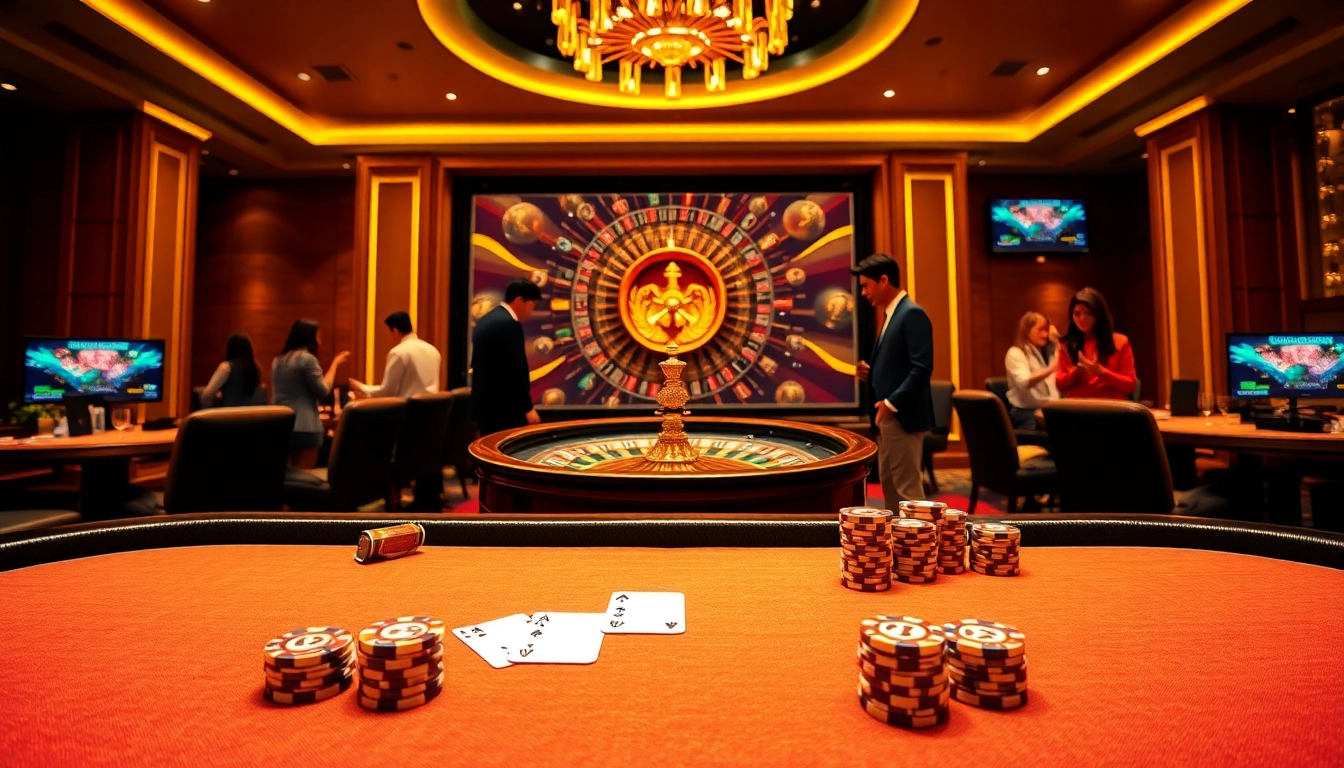 Engage with thrilling action at https://fb88j.com/, featuring players at a luxury poker table with roulette in the background.