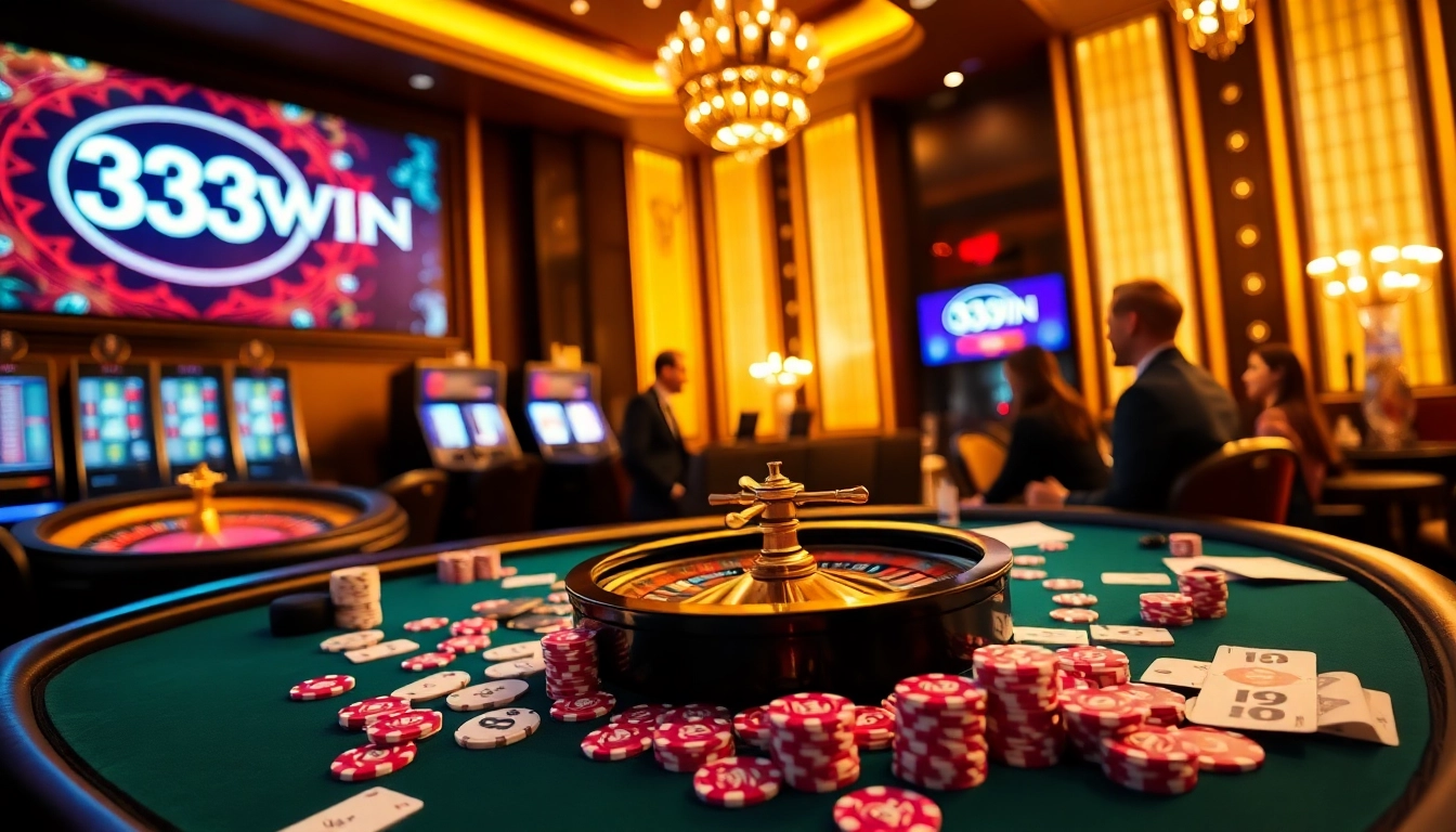 Experience the excitement of 33WIN with vibrant poker chips and a luxurious casino table.