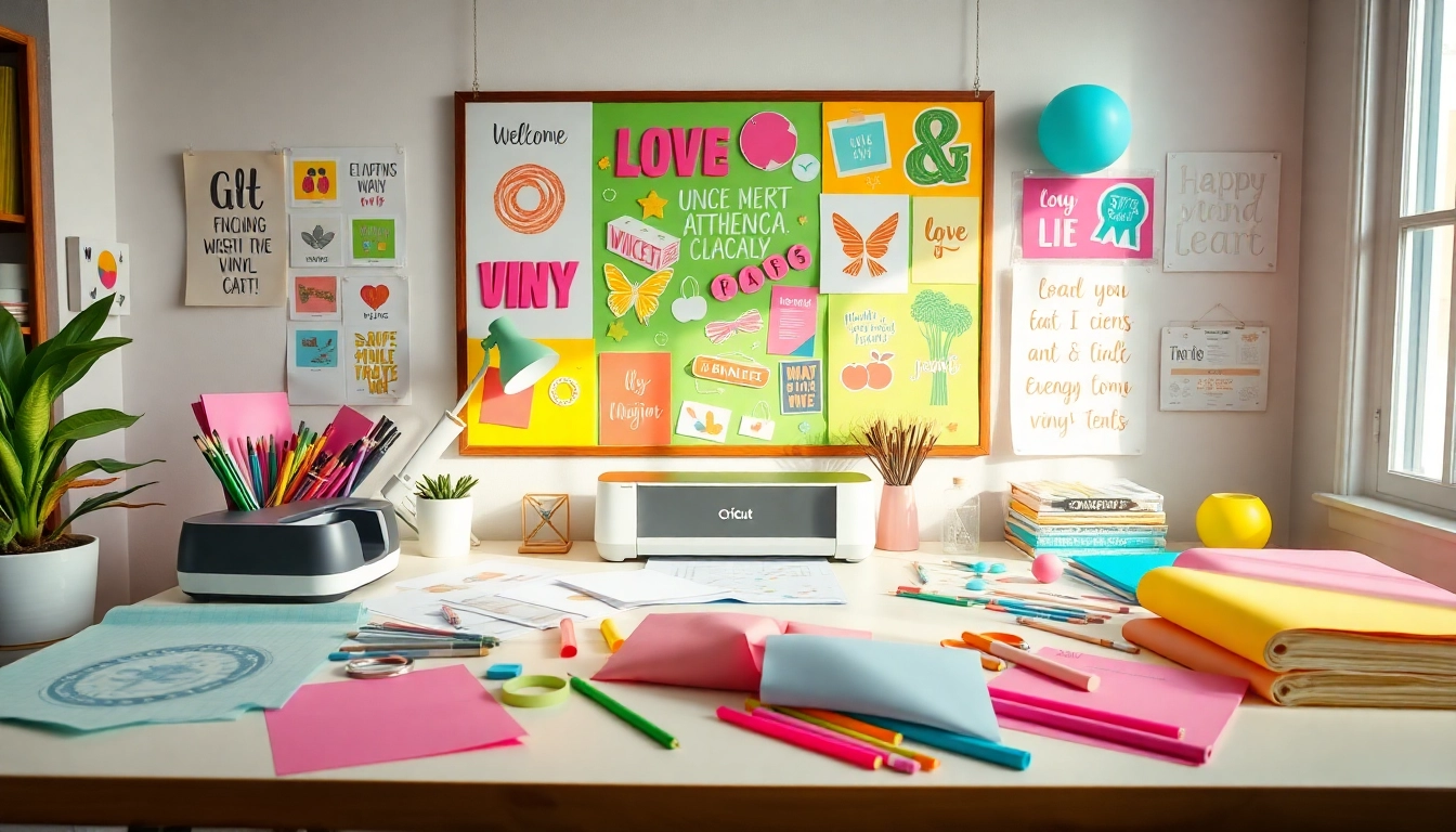 Cricut SVG designs displayed on a crafting table with tools and vibrant materials.