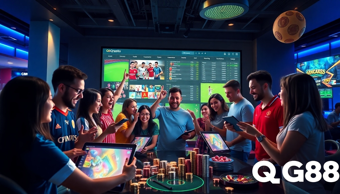 QQ88 online gaming platform showcasing exciting casino games and sports events in a vibrant atmosphere.