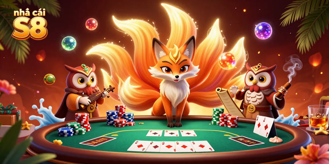 Experience the vibrant world of nhà cái S8 with a glowing nine-tailed fox and poker elements.