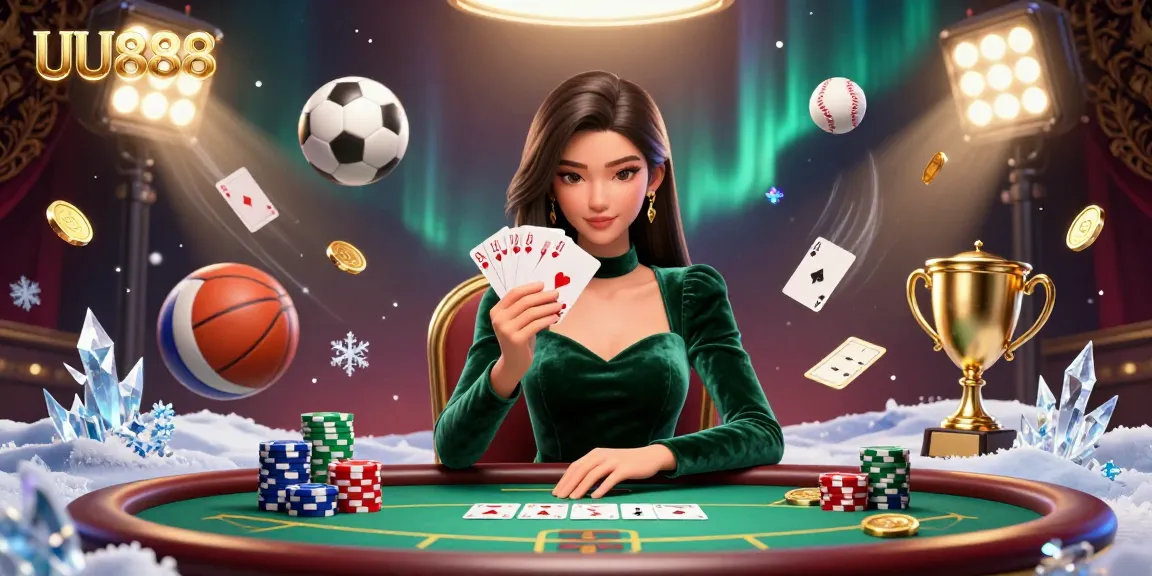 Experience the excitement of UU888 betting with a stunning poker scene and dynamic sports elements.