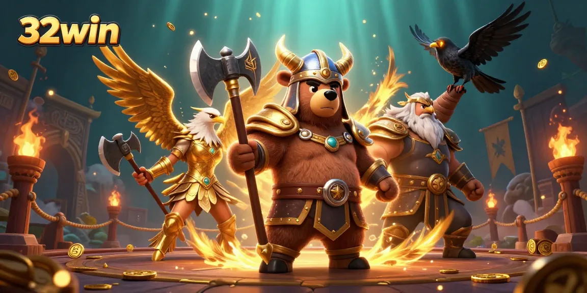 Engage in thrilling gameplay with 32win, featuring a Viking berserker and Valkyrie eagle in action.