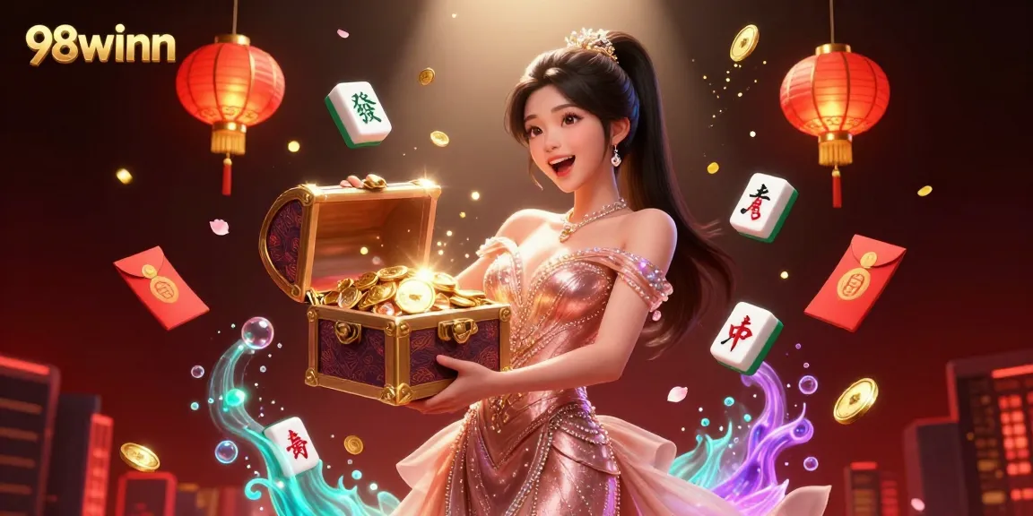 Engage with the exciting world of 98winn as a beautiful woman showcases golden treasures amidst captivating casino elements.
