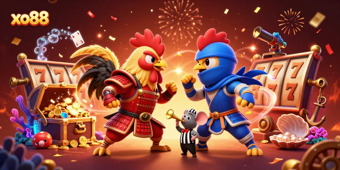 Experience the excitement of xo88 with dynamic fighting roosters in a casino-themed illustration.