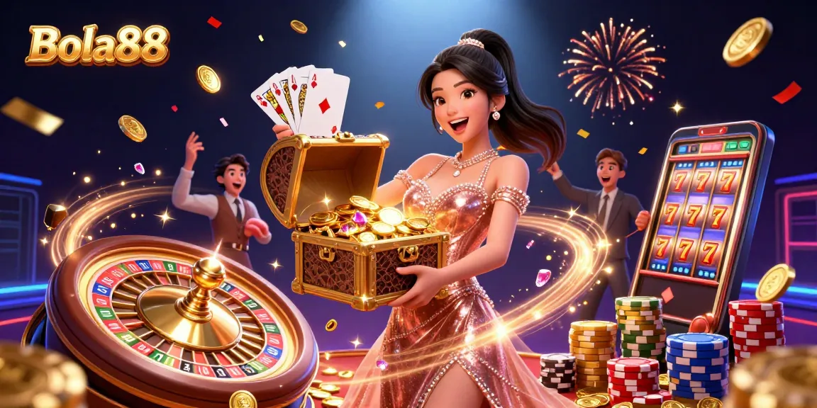 Bola88 showcases thrilling casino excitement with a joyful woman presenting treasures and dynamic gaming elements.