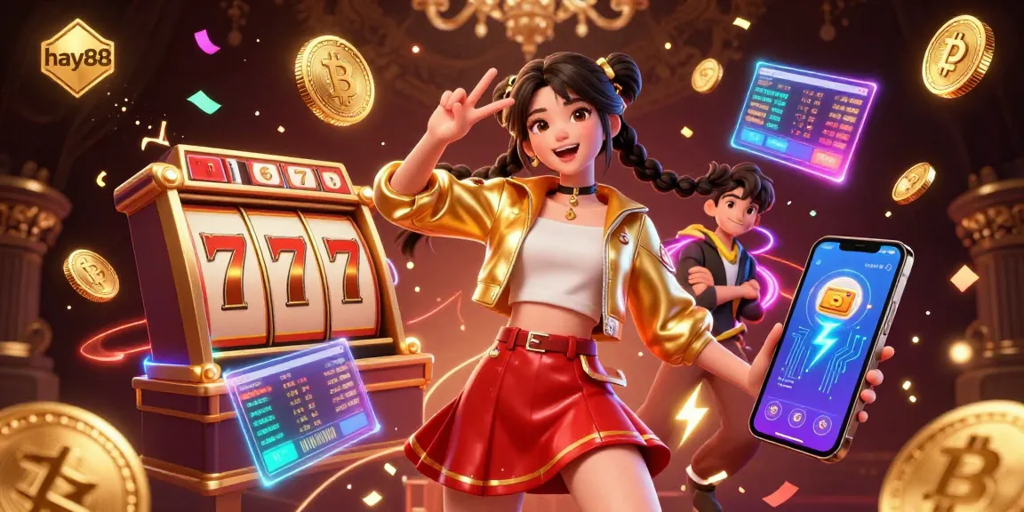Win big at hay88 with a vibrant casino atmosphere featuring colorful slot reels and energetic gameplay elements.