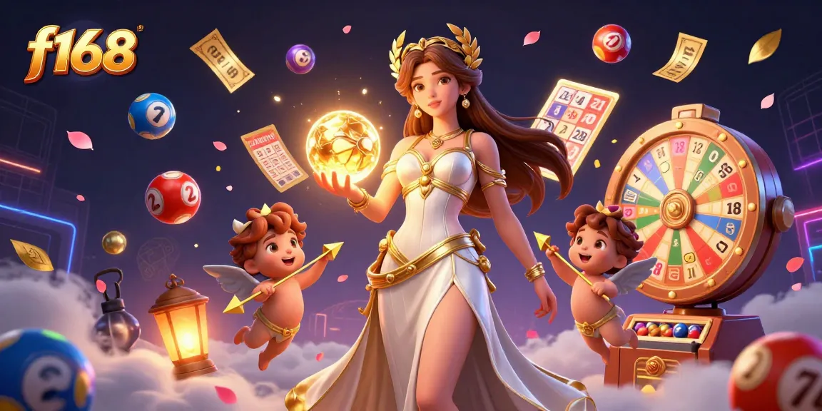 Bet big with f168's exciting gambling experience featuring vibrant lottery balls, golden prizes, and enchanting characters.