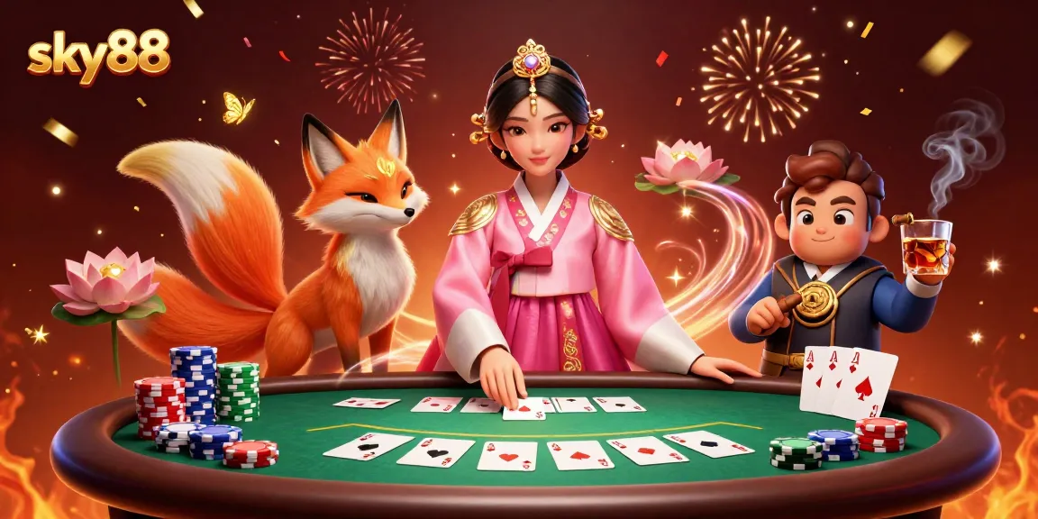Engage with sky88's vibrant casino scene featuring a glamorous woman and lucky fox amidst poker action.
