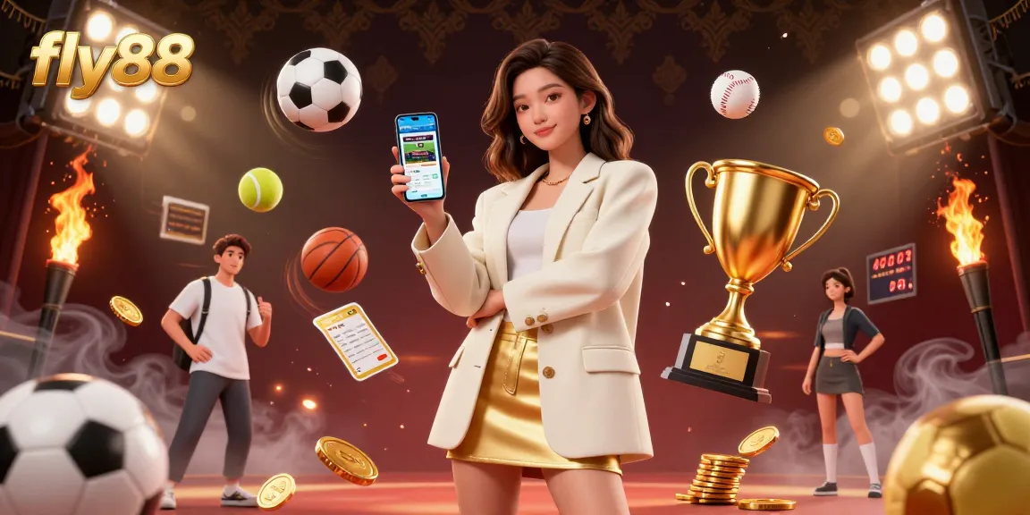 Fly88 sports betting illustration featuring a friendly Asian woman using a mobile app, showcasing dynamic game elements.