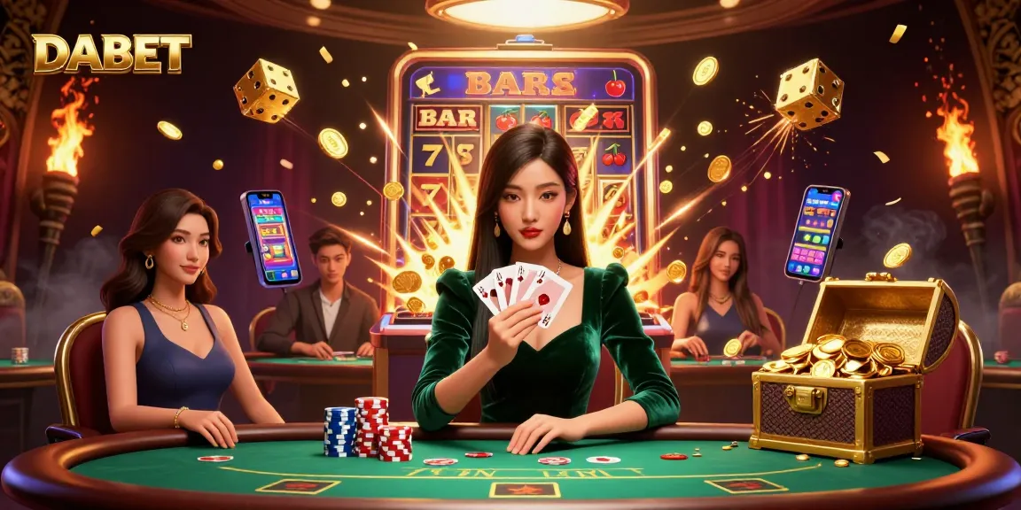 DABET's stunning casino scene features a beautiful Asian woman at a poker table, surrounded by thrilling gaming elements.