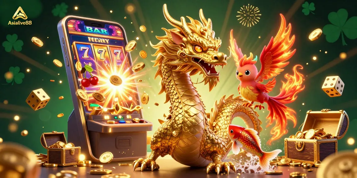 Experience the thrill of Asialive88 with a dynamic illustration featuring a golden dragon, phoenix, and koi fish amid casino action.