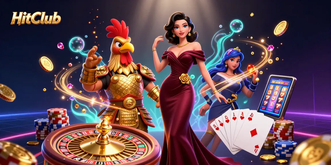 Spin the reels at HitClub with an exciting 3D illustration featuring glamorous characters and dynamic casino elements.