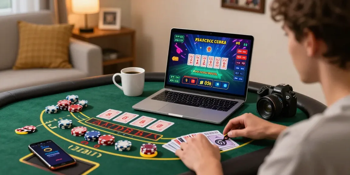 Engaging online baccarat gaming scene featuring a player at home, showcasing vibrant game graphics and a cozy atmosphere.